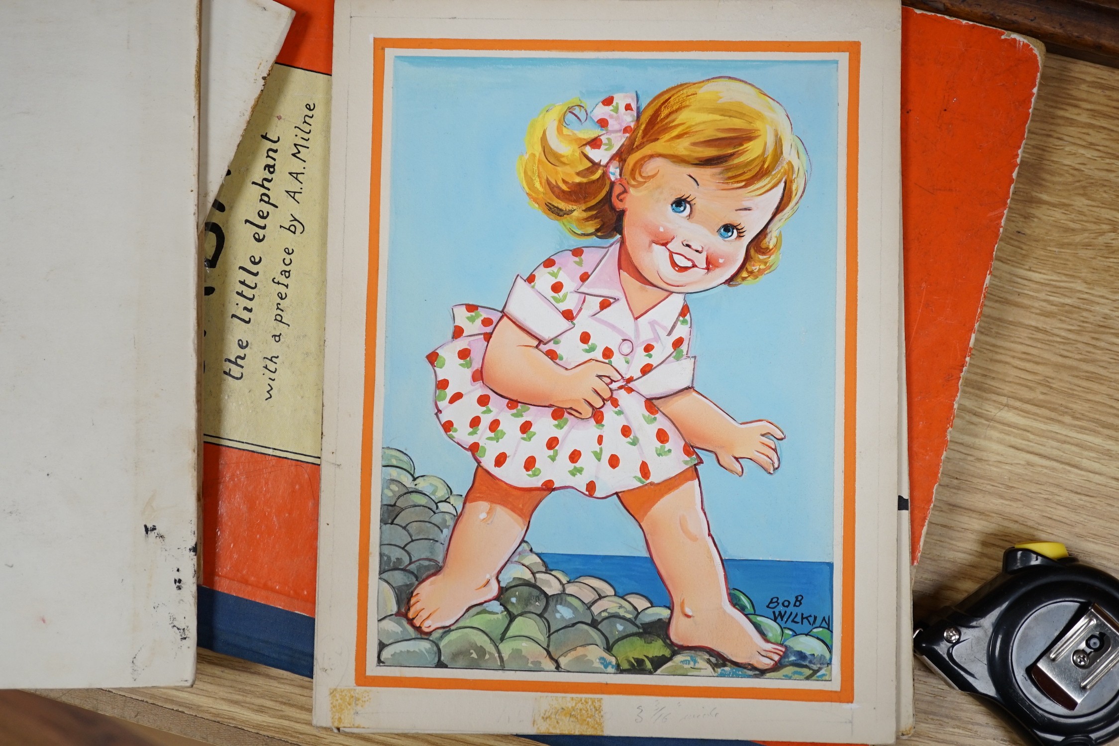Bob Wilkin, six original artworks for postcards, Humorous children, signed, 24 x 19cm, unframed